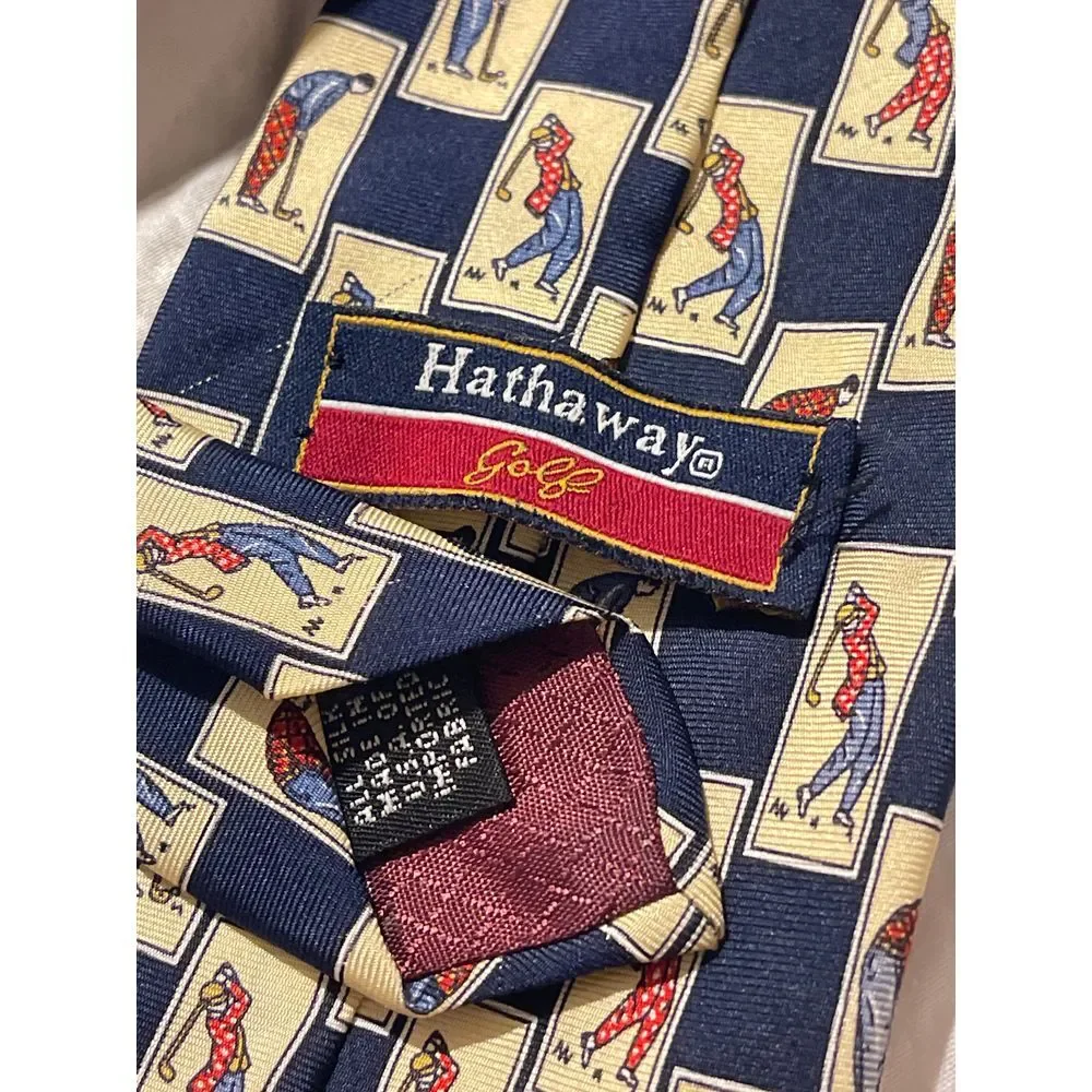 Hathaway‎ Silk Golf Theme Necktie Navy Blue Yellow Checkered Pattern Z-3